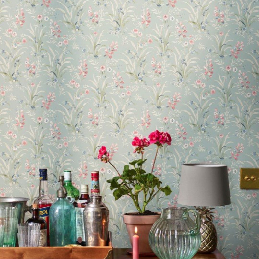 LAURA ASHLEY MOSEDALE POSY DARK DUCK EGG BLUE WALLPAPER