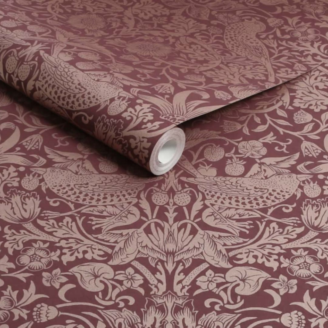 WILLIAM MORRIS STRAWBERRY THEIF FIBROUS BURGUNDY WALLPAPER