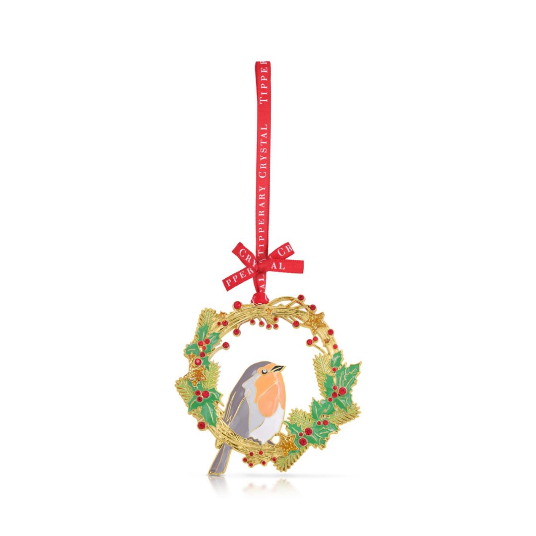 TIPPERARY CRYSTAL SPARKLE ROBIN & WREATH CHRISTMAS DECORATION