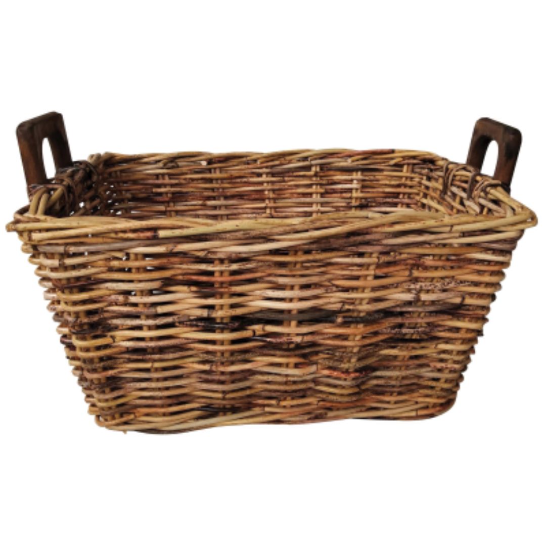 CASTLE LIVING RECTANGLE RATTAN LOG BASKET WITH WOODEN HANDLES