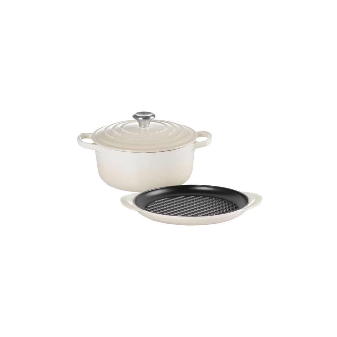 LE CREUSET SIGNATURE CAST IRON ROUND CASSEROLE DISH & ROUND GRILL