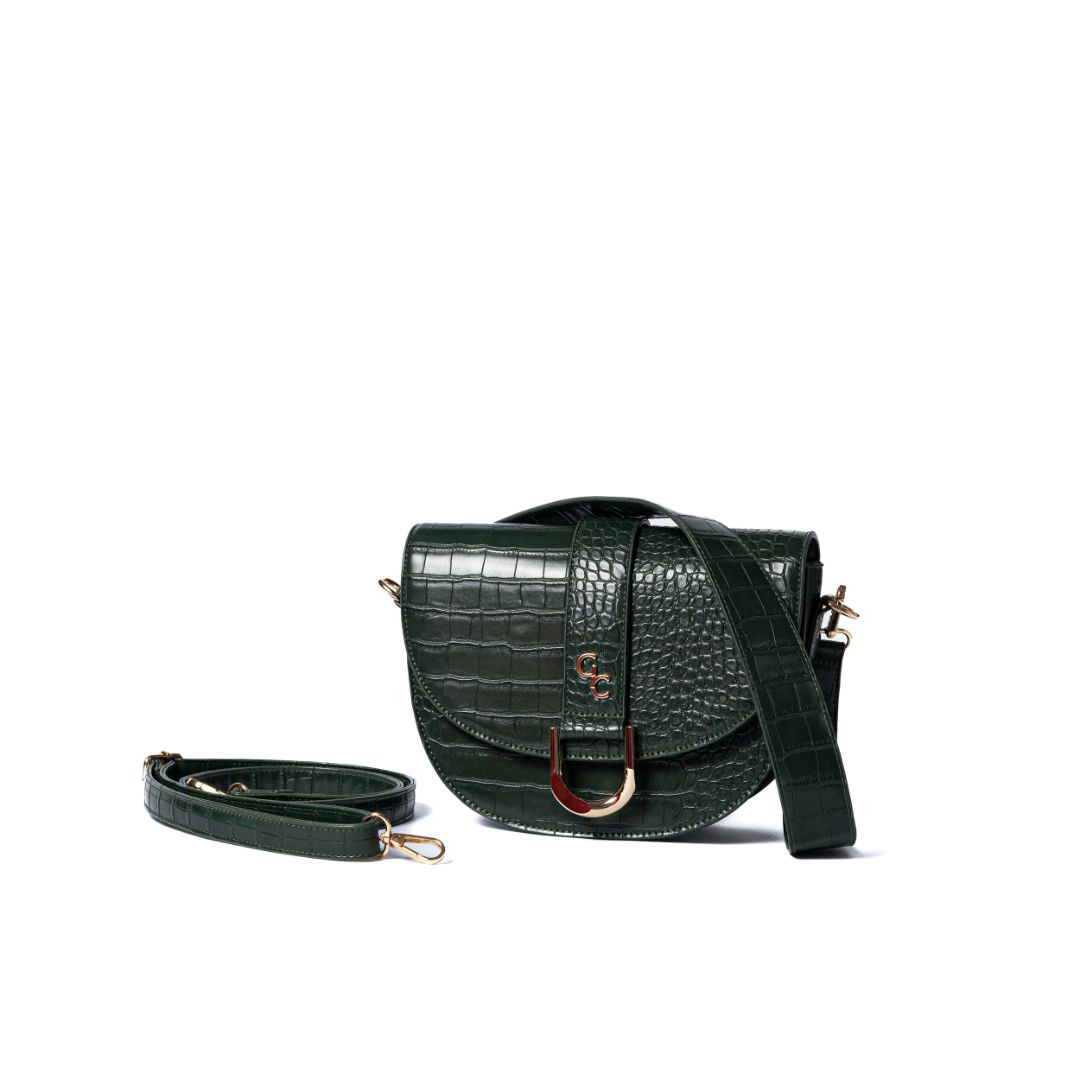 GALWAY SADDLE BAG FOREST GREEN CROC DETAIL