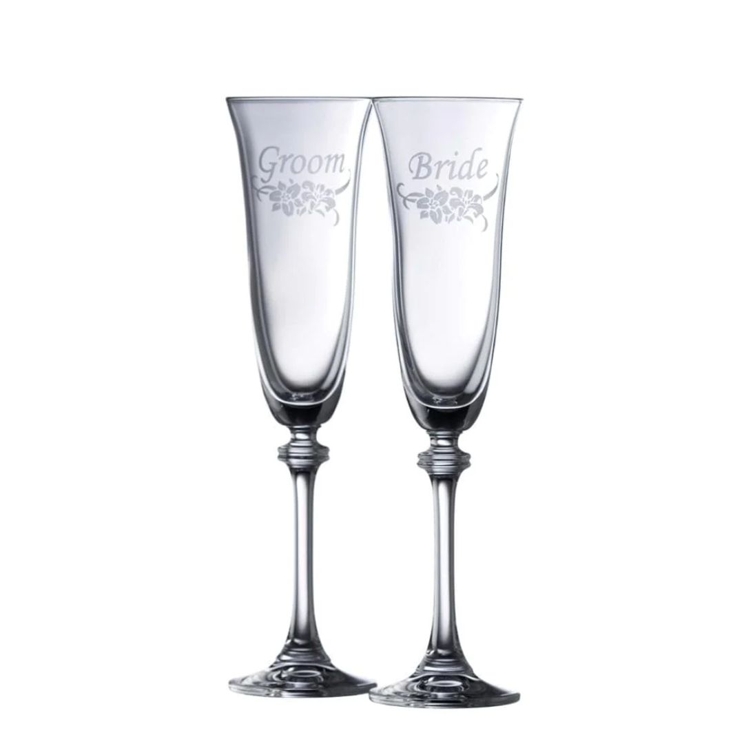 GALWAY CYRSTAL FLORAL BRIDE & GROOM FLUTE PAIR