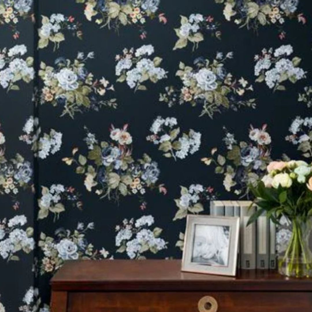 LAURA ASHLEY ROSEMORE MIDNIGHT SEASPRAY WALLPAPER