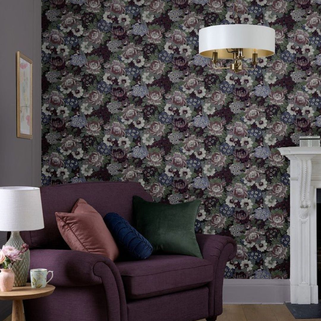 LAURA ASHLEY HONNINGTON PEONIES BLACKBERRY PURPLE WALLPAPER