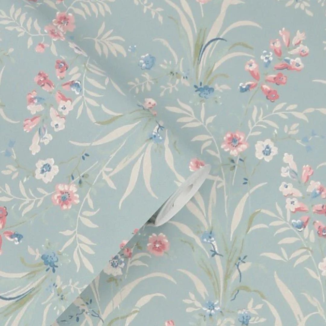 LAURA ASHLEY MOSEDALE POSY DARK DUCK EGG BLUE WALLPAPER