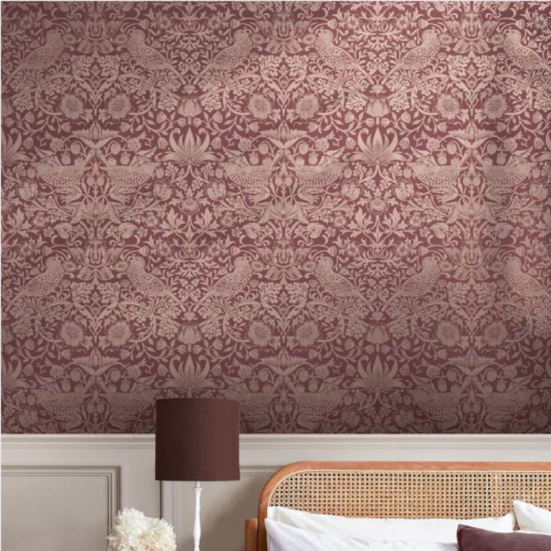 WILLIAM MORRIS STRAWBERRY THEIF FIBROUS BURGUNDY WALLPAPER