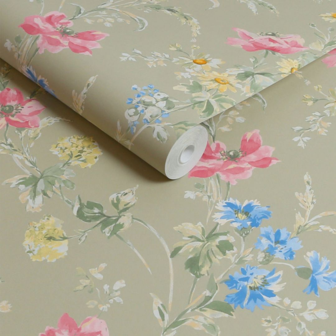 LAURA ASHLEY POPPY MEADOW SAGE GREEN WALLPAPER