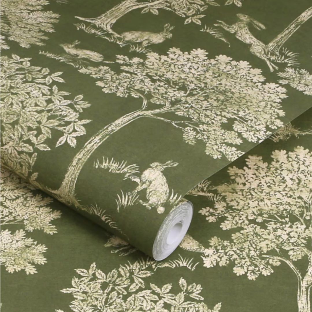 Joules Olive Green Fox and Hare Wallpaper