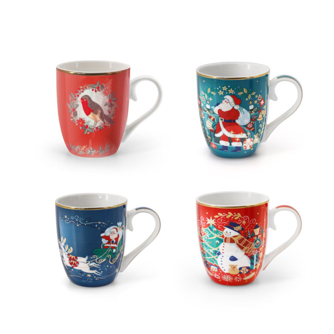 TIPPERARY CRYSTAL CHRISTMAS MUGS ASSORTED SET OF FOUR