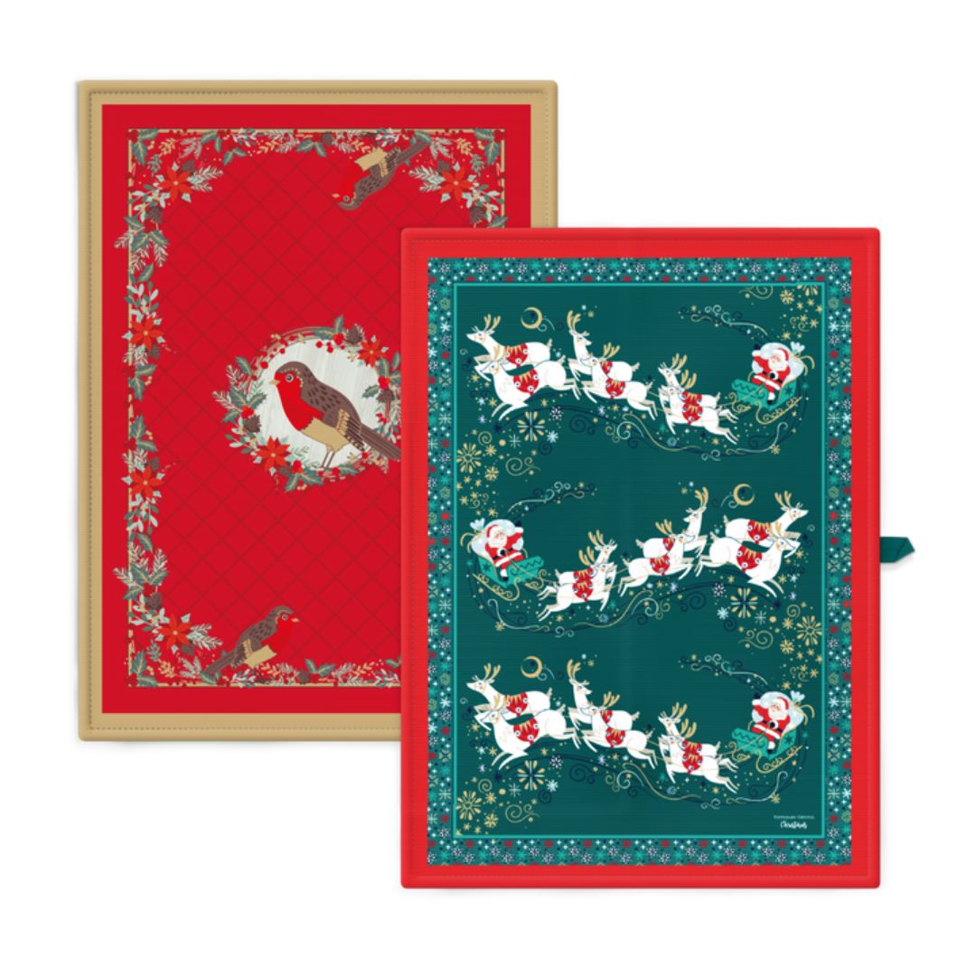 TIPPERARY CRYSTAL CHRISTMAS T-TOWELS SANTA SLEIGH & ROBIN
