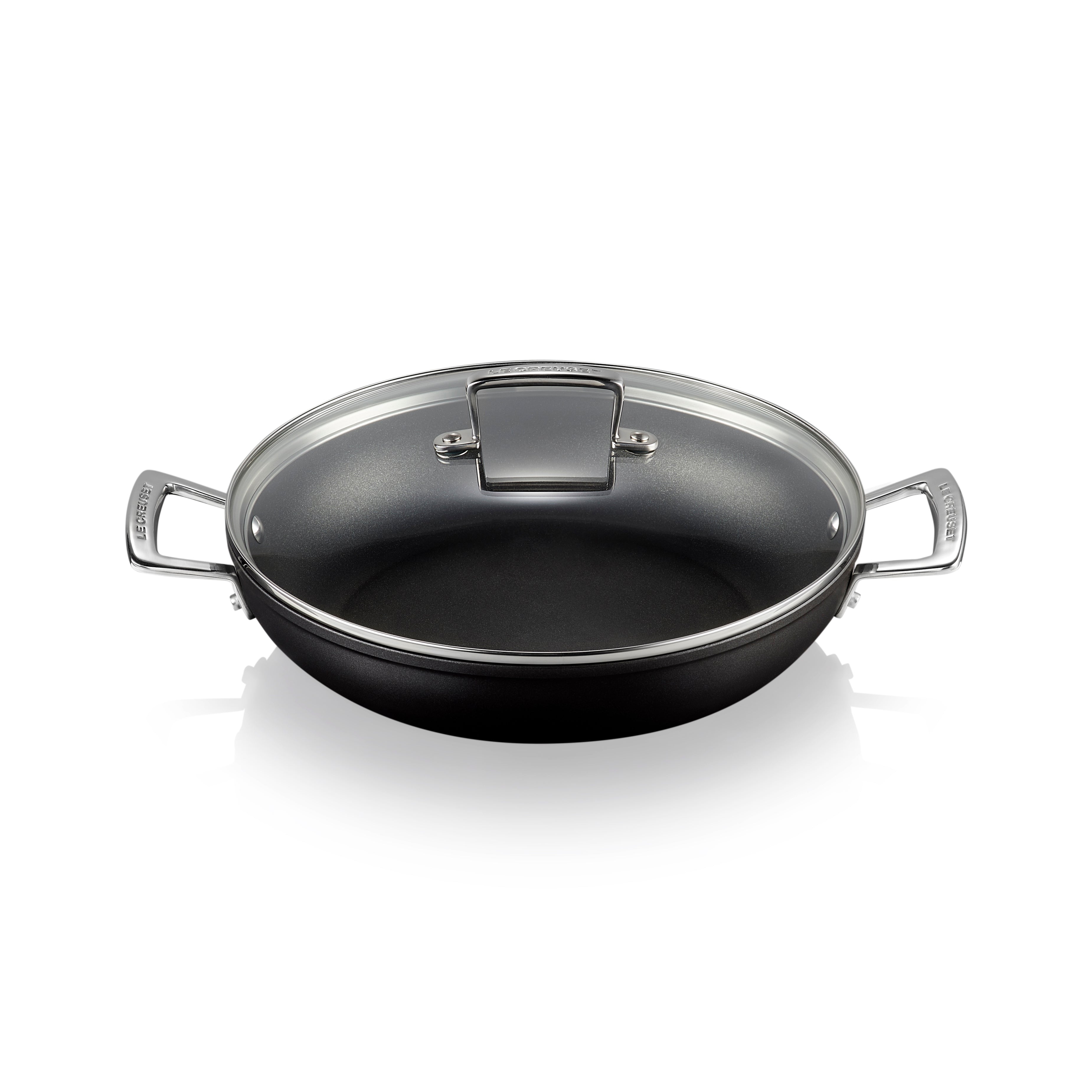 LE CREUSET NONE STICK SHALLOW CASSEROLE WITH GLASS LID