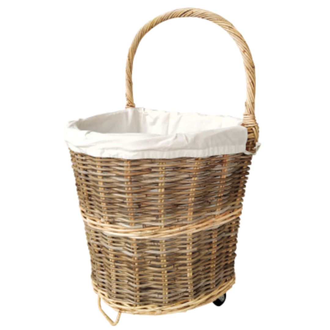 CASTLE LIVING WHEELED RATTON LOG BASKET WITH LINING