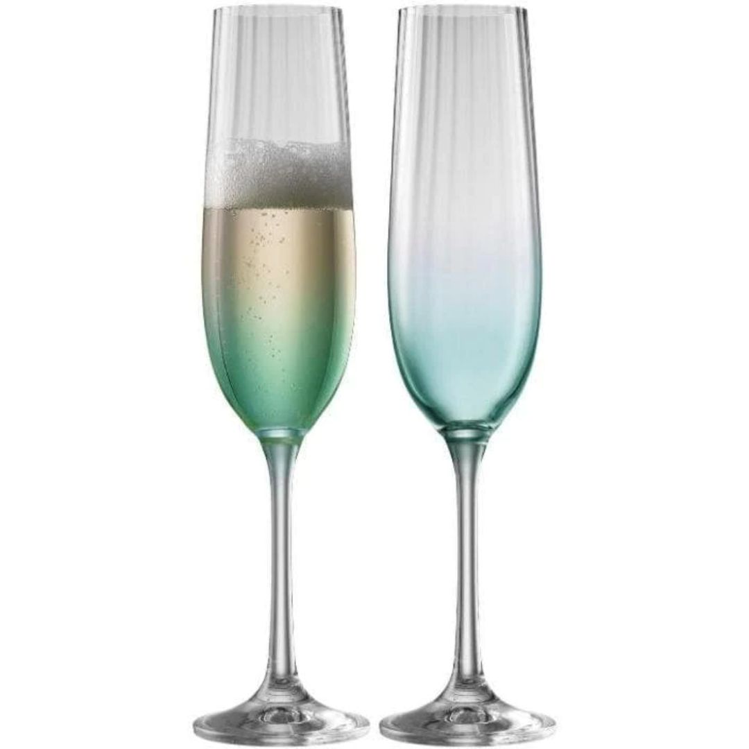 GALWAY CRYSTAL ERNE CHAMPAGNE FLUTE PAIR AQUA