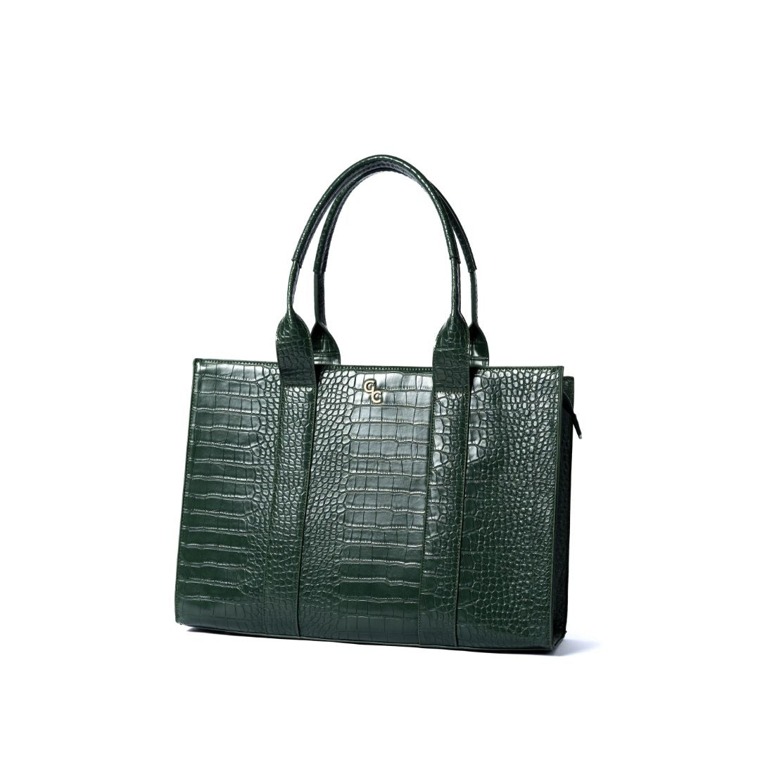 GALWAY XL TOTE FOREST GREEN CROC DETAIL