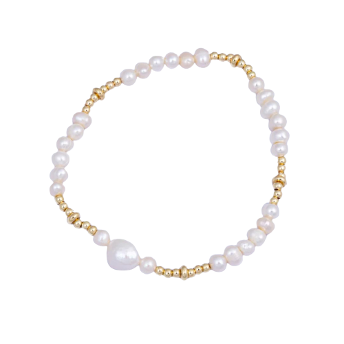 KNIGHT & DAY GOLD BEADED & FRESHWATER PEARL ELASTICATED BRACELET